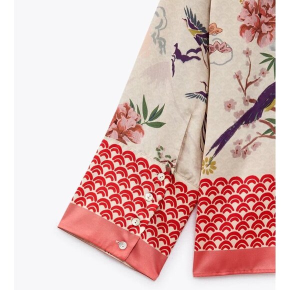 NWOT Zara champagne and coral floral, nature printed PJ inspired blouse, L - Picture 9 of 13